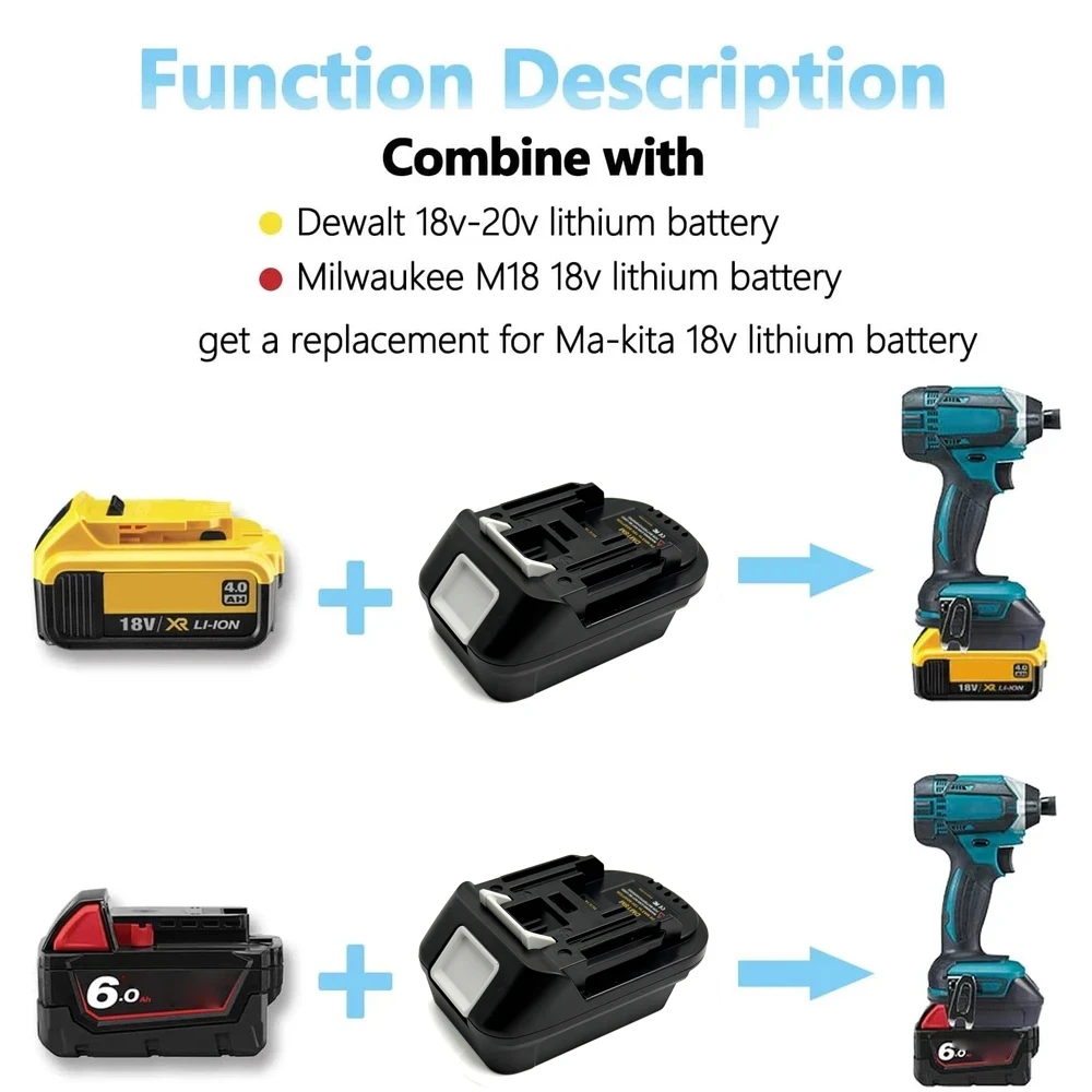 Adaptador de Batería DM18M con Conector de Carga USB para Baterías Dewalt de 20V y Milwaukee de 18V, Convierte a Makita de 18V BL1830 (Sin Batería) - imagen 5