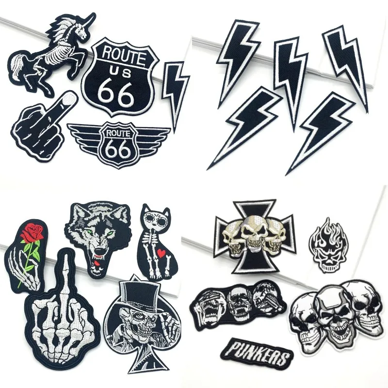 Parches bordados Punk para ropa, pegatinas para planchar, 5 piezas, color blanco y negro