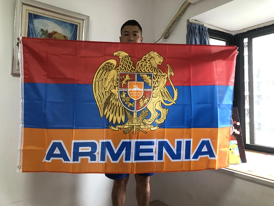 BANDERA DE SKY Bandera con emblema nacional de Armenia, 90x150CM, poliéster, colgante, bandera con emblema nacional de Armenia/bandera armenia para decorar