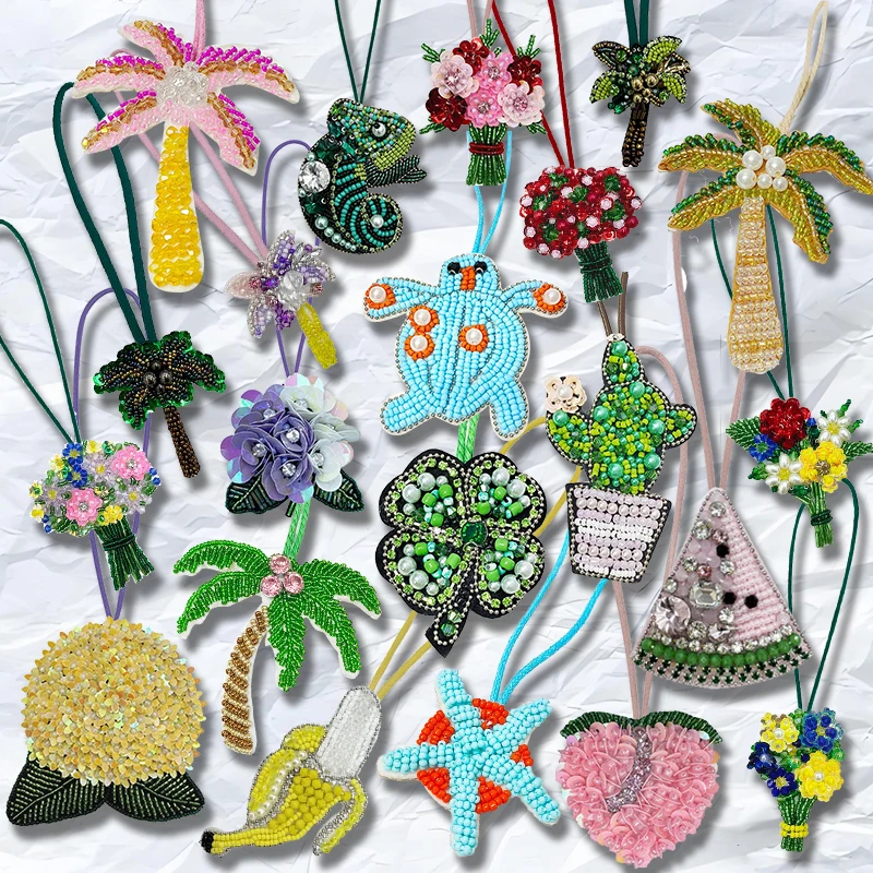 Cuentas de diamantes de imitación hechas a mano con flores de árbol de coco 3D, parches de cuerda para colgar, colgantes para mochila, parches de cordón de cristal, colgante para bolso