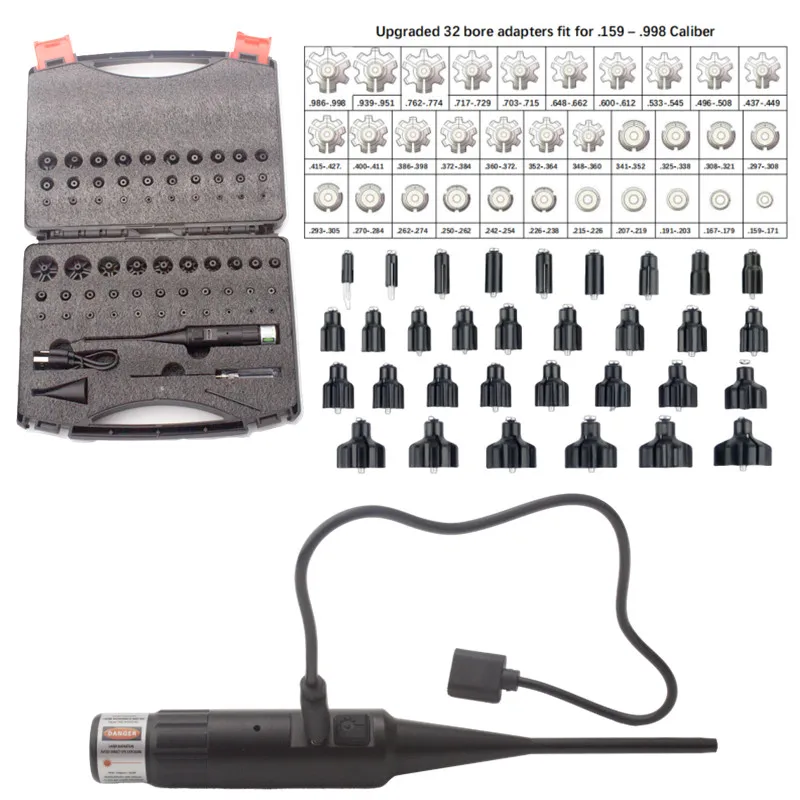 Kit de mira de orificio láser recargable con interruptor de botón mira roja/verde con 32 adaptadores para calibres.17.17.22 a 12GA - imagen 2