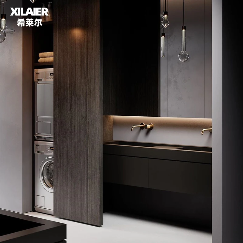 Mueble de baño con lavabo integrado con placa de roca de diseñador, combinación personalizada de lavabo para lavarse las manos y cara, luz moderna de lujo - imagen 4