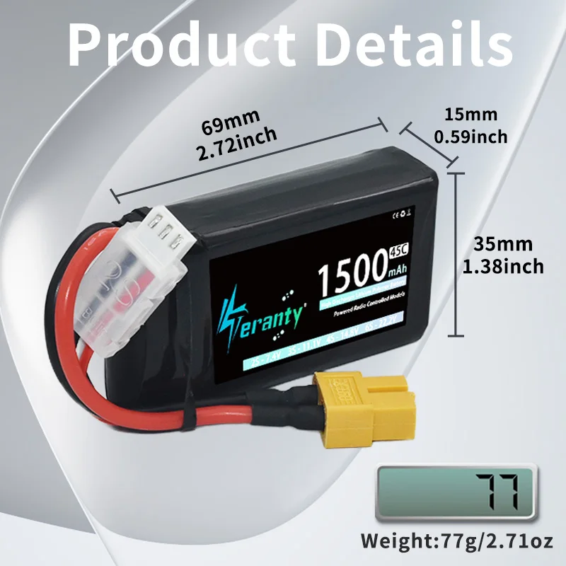 1/2 Uds TERANTY 2S Lipo batería 45C 1500mAh 7,4 V corto con enchufe T XT30 XT60 para RC coche Drone avión Quadcopter helicóptero FPV - imagen 4