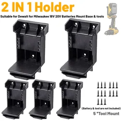 Soporte de herramientas eléctricas 2 en 1, soporte de suspensión de montaje de batería para Dewalt 20V para Milwaukee 18V, soporte de estante de almacenamiento de herramientas de batería, 5 uds.