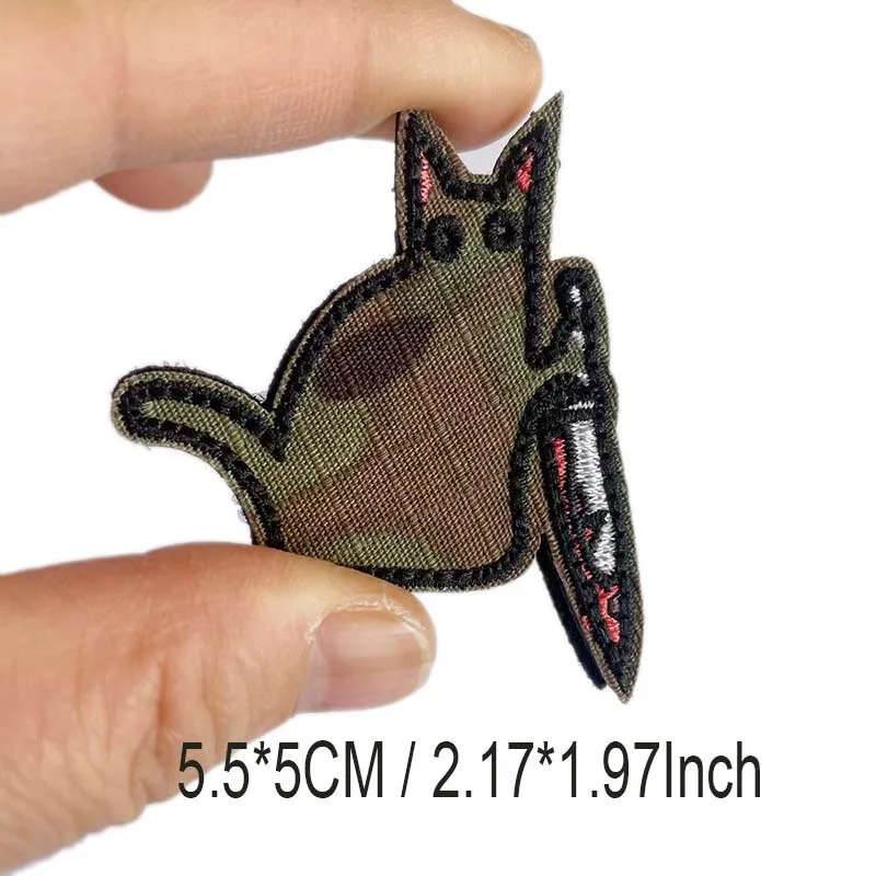 Meme cuchillo gato insignias divertidas apliques de tela pegatinas de ropa bordadas, parches tácticos con gancho y bucle para mochila, sombrero - imagen 3