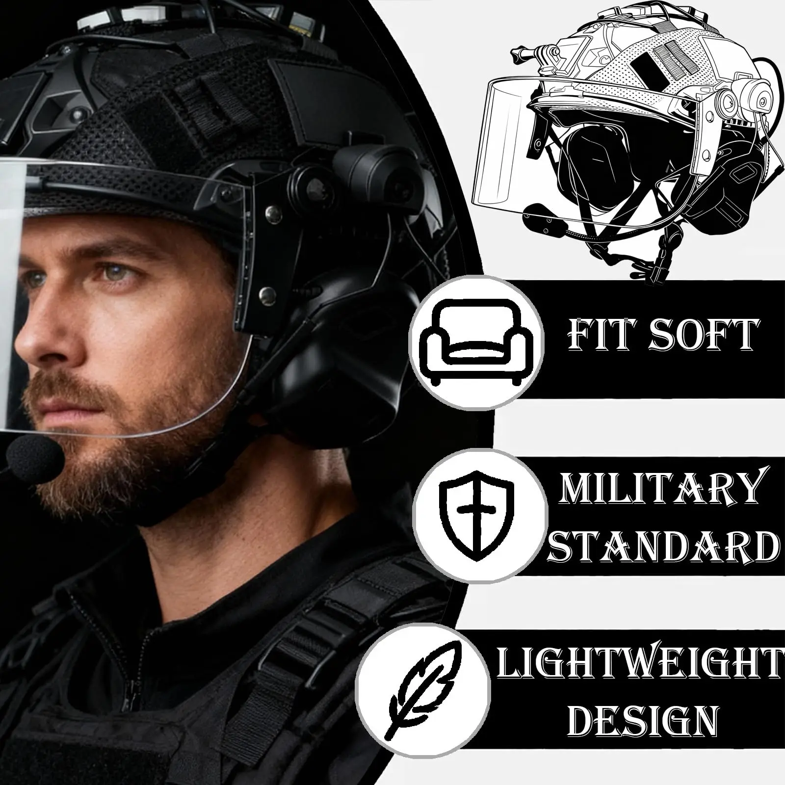 Juego de casco táctico 6 en 1 Airsoft rápido con auriculares, luz de señal, visera de protección facial, Kit de casco de Paintball para caza al aire libre - imagen 2