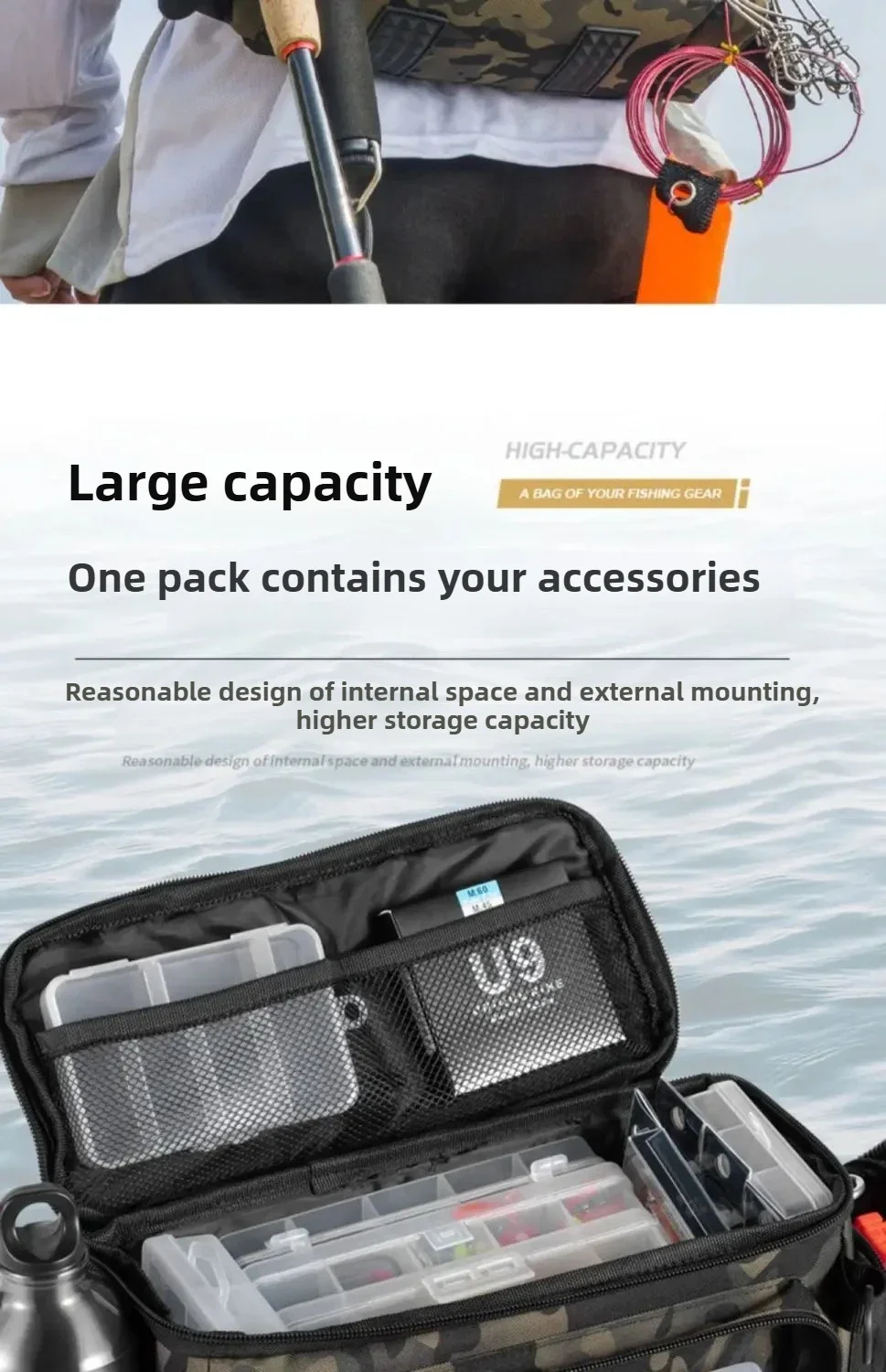 Interior con espacio y compartimentos para material de pesca