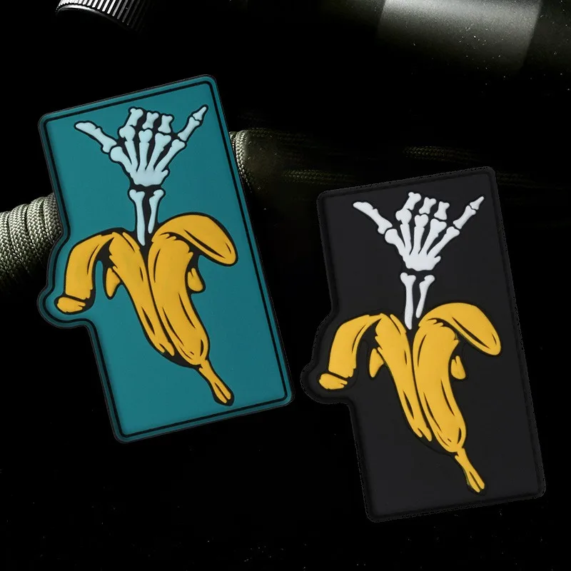Divertidos parches tácticos de palma y calavera de plátano, insignia de moral de esqueleto de plátano, emblema creativo de gancho y bucle de PVC, accesorios para mochila táctica