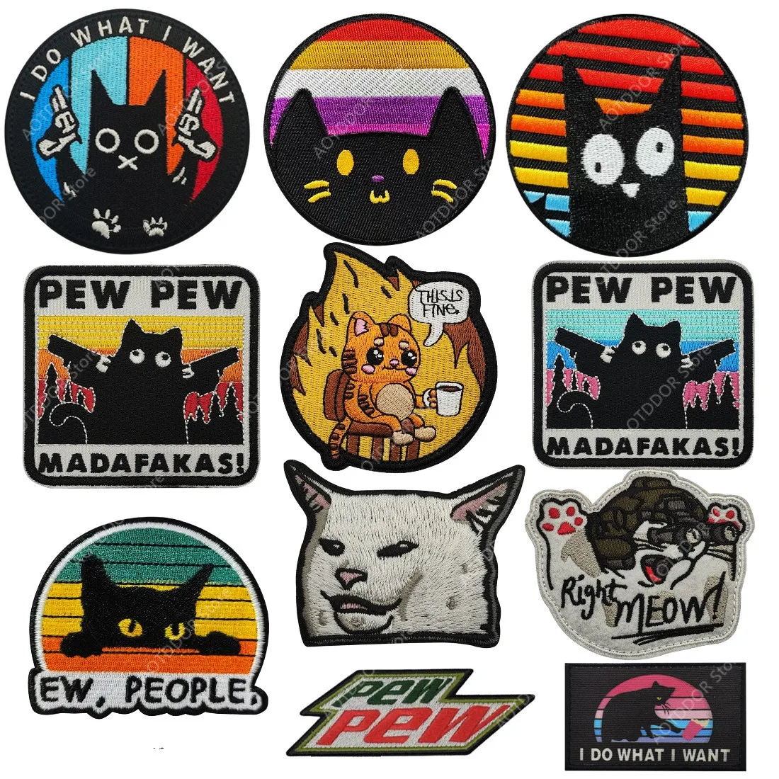 PEW PEW MADAFAKAS I DO WHAT I WANT, pegatina bordada de gato a rayas coloridas, mochila para exteriores, pegatina mágica, insignias tácticas - imagen 2