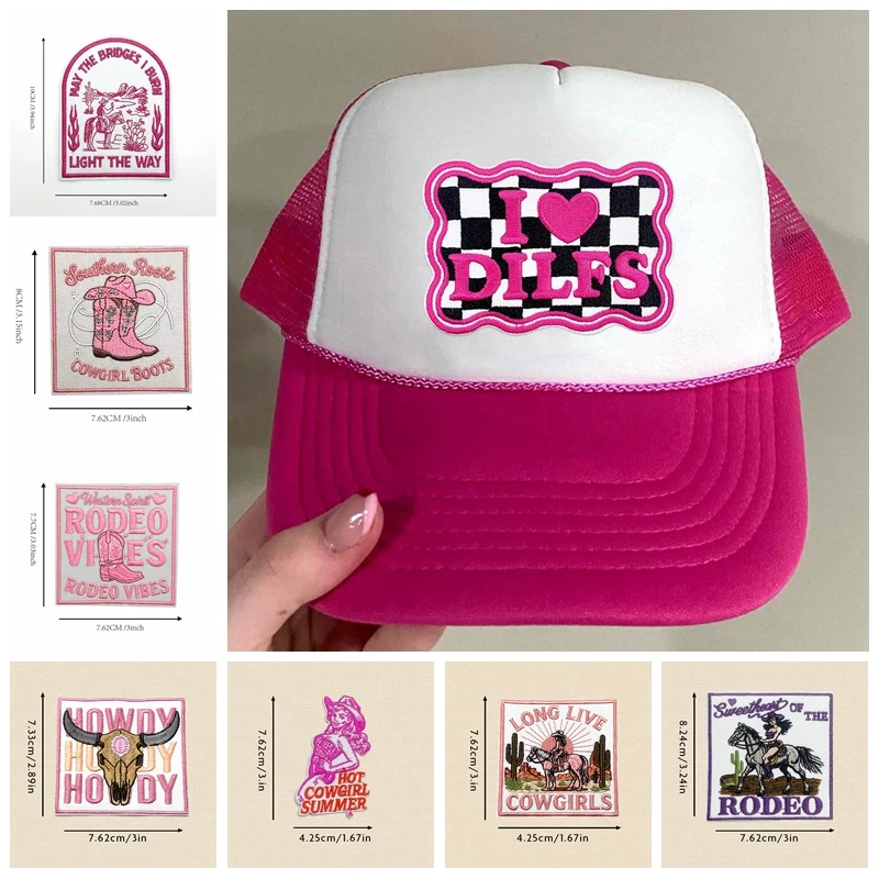 10 Uds. De parches bordados de vaquera rosa occidental para ropa, parches para planchar con letras de dibujos animados DIY para ropa, parche para coser - imagen 2