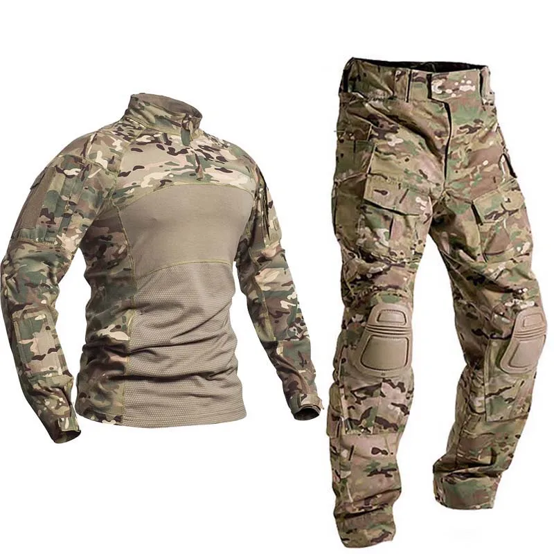 Uniforme para exteriores, trajes tácticos, camisas, atuendo, ropa para hombre, Tops resistentes al desgaste, pantalones Cargo Airsof, pantalones de caza de camuflaje + almohadillas