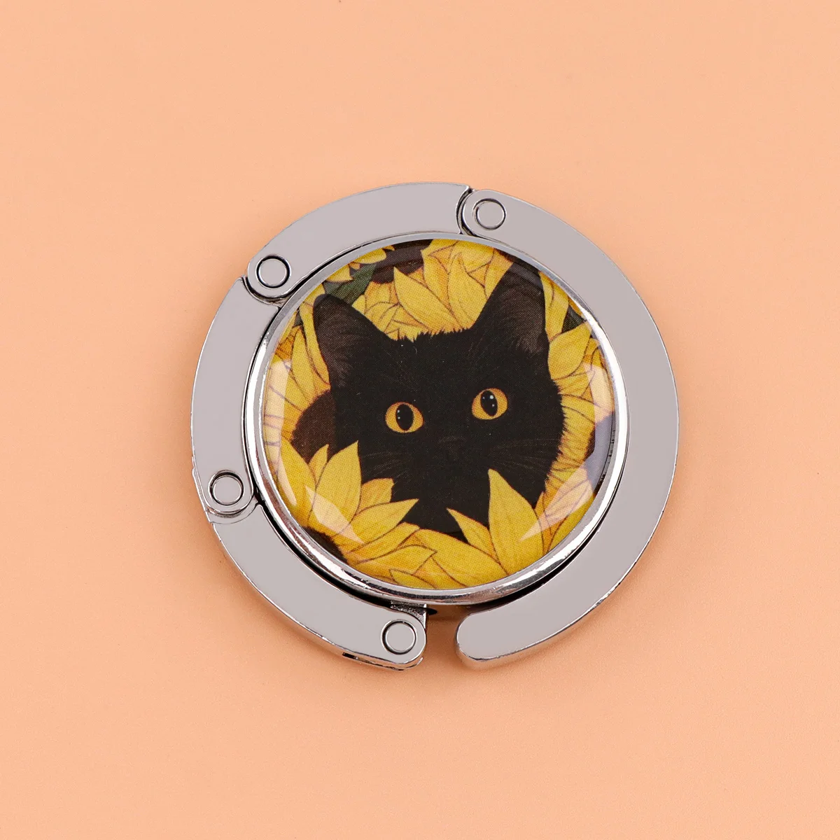 Ganchos para bolso de gato negro, soportes plegables de Metal para bolsas de mesa, perchas portátiles para monedero con girasoles, accesorios de piezas únicas - imagen 5