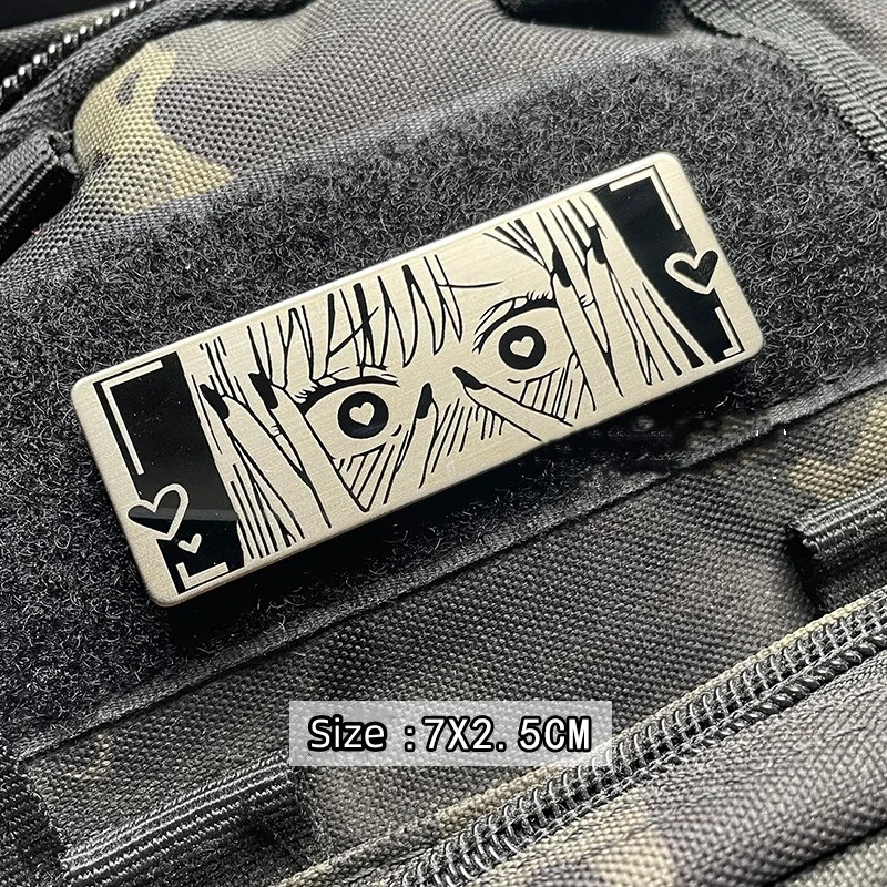 Parches de Metal de dibujos animados de Anime para niñas adolescentes, tira de insignia táctica, Shy, media cara, ojos para ropa, bolso, aplique DIY con gancho - imagen 5