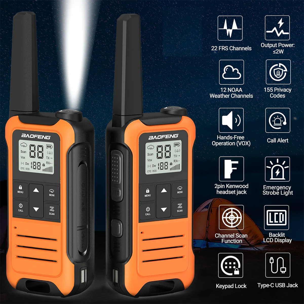 2 uds Baofeng F22 Mini Walkie Talkie PMR FRS linterna recargable de largo alcance niños Radio bidireccional cargador tipo C para viaje de Camping - imagen 3