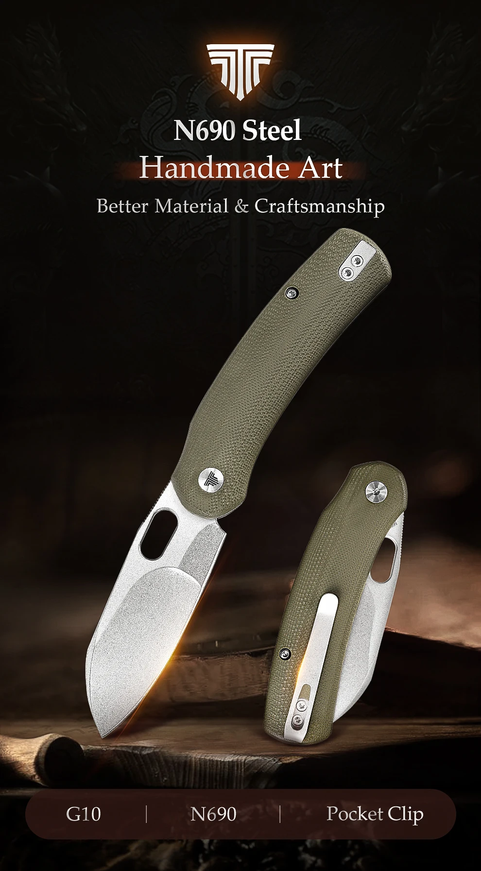 Cuchillo plegable TRIVISA Lamb-03G abierto mostrando hoja de acero N690