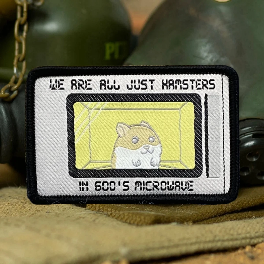 WE ARE ALL JUST HRMSTERS IN MICROWRVE de los 600, parches de marca tejida para ropa, insignia de moral táctica, pegatina para mochila - imagen 5
