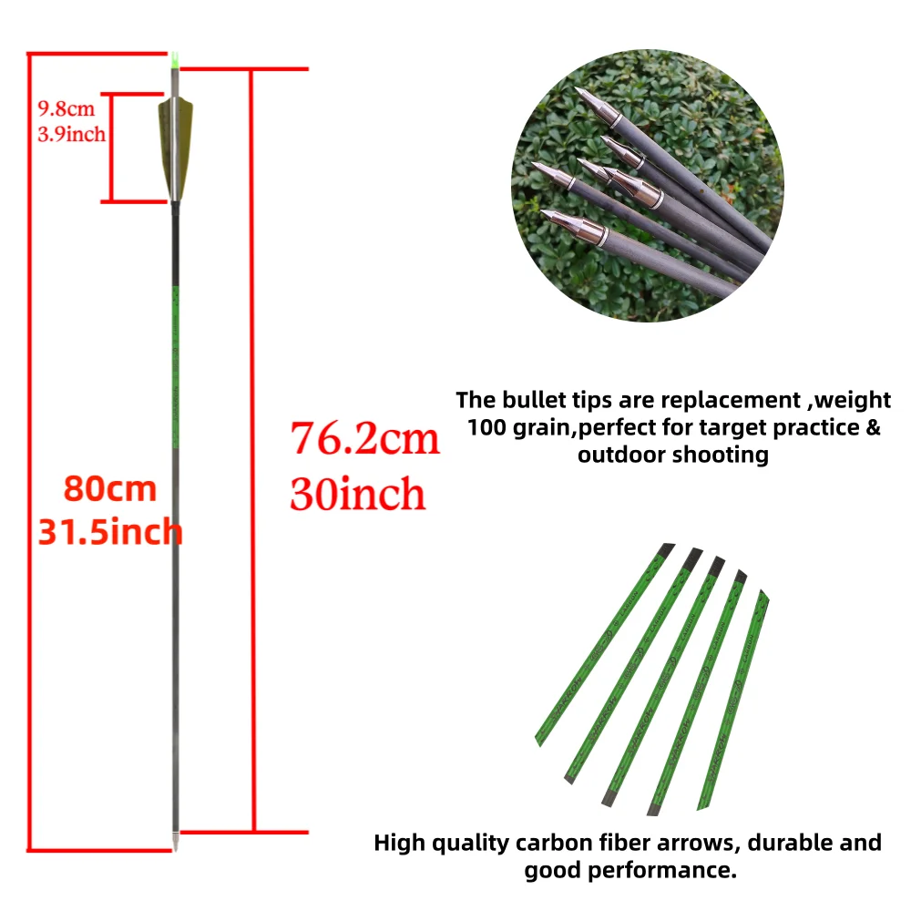 6/12X 30 "flechas de carbono puro para tiro con arco 4" pluma SP400 objetivo de práctica al aire libre ID6.2mm objetivo de tiro arco recurvo compuesto - imagen 4