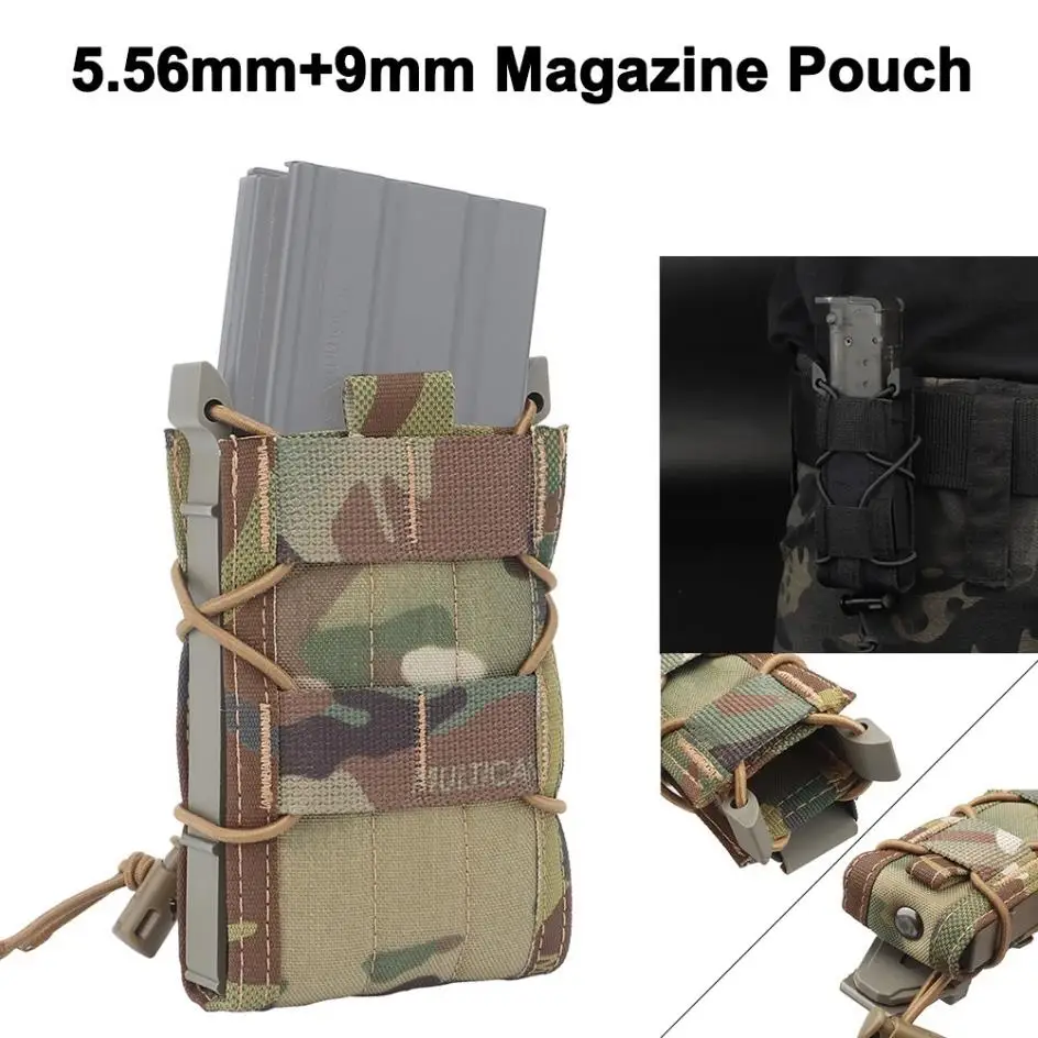 Una bolsa de camuflaje con una revista y una funda de armas