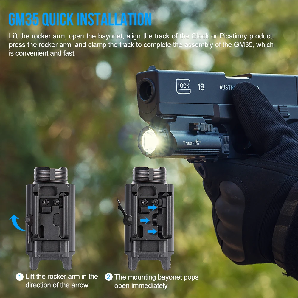 Trustfire GM35 linternas LED tácticas Mini luces de pistola 1350 lúmenes USB recargable pistola de liberación rápida 1913/GL Rail - imagen 5