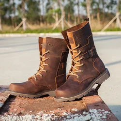 Botas tácticas en cuero de vaca para hombre trekking moto senderismo