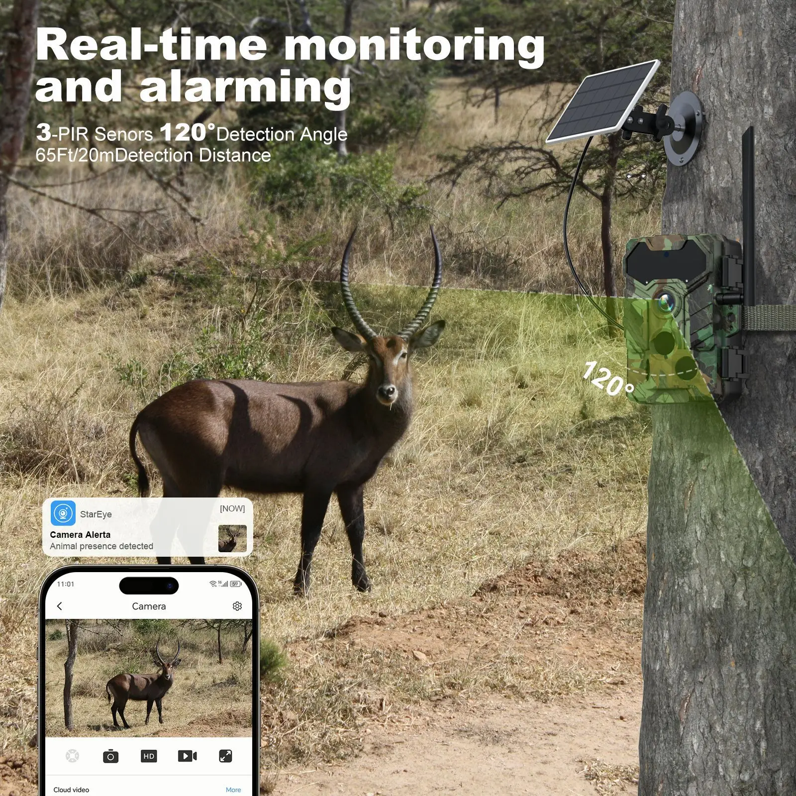 Cámara de rastreo 4G, energía Solar de 32MP con visión nocturna infrarroja y batería de 10.000mAh, cámara de caza de vida silvestre impermeable IP66, enchufe UE/EE. UU. - imagen 5