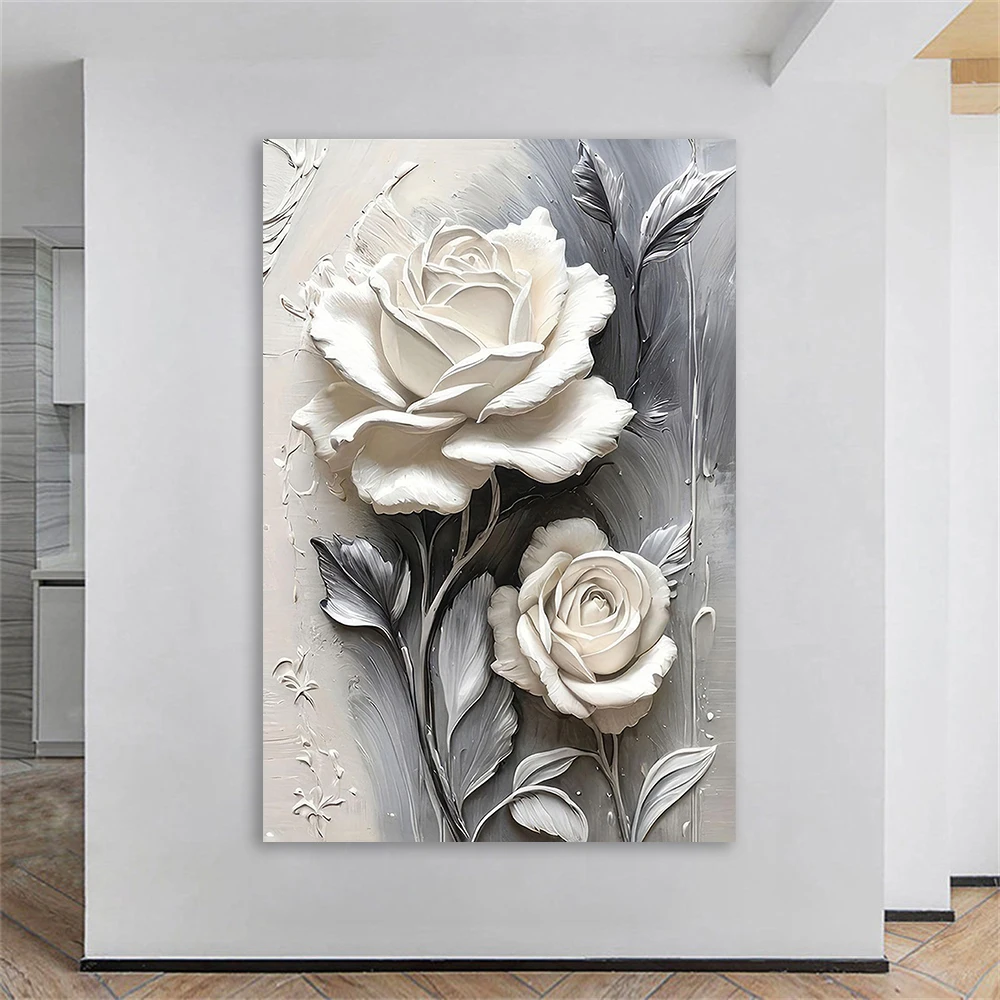 Estampados de flores blancas elegantes, impresiones de textura Floral blanca grande, póster artístico de pared de flores abstractas, pintura en lienzo Floral moderna