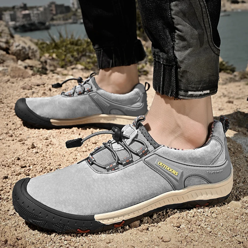 HIKEUP-zapatos de senderismo transpirables para hombre, calzado informal de cuero suave y cómodo, ligero, impermeable, para exteriores - imagen 4