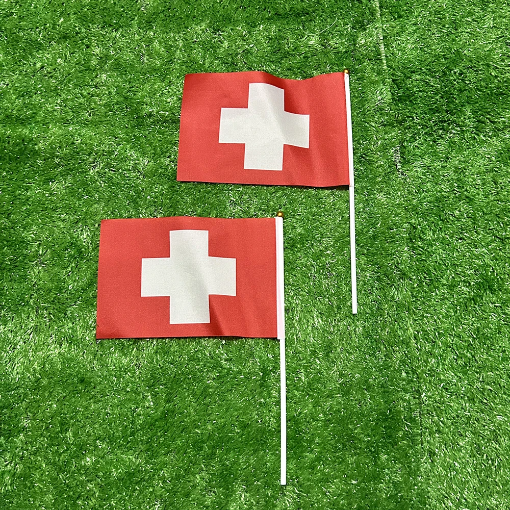 Bandera de la cielo, bandera de mano de Suiza, 10/20/50/100 Uds., 21x14cm, banderas onduladas de mano suizas con poste de plástico para actividades deportivas, decoración del hogar - imagen 3