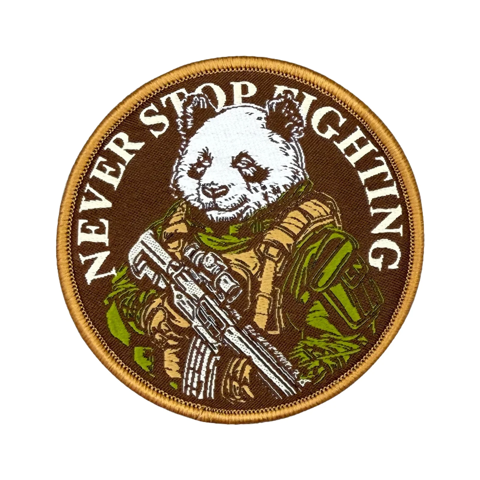 Naranja Never Stop Fighting Panda Soldier Velcros parche táctico gancho y bucle insignia para mochila, chaqueta, gorras
