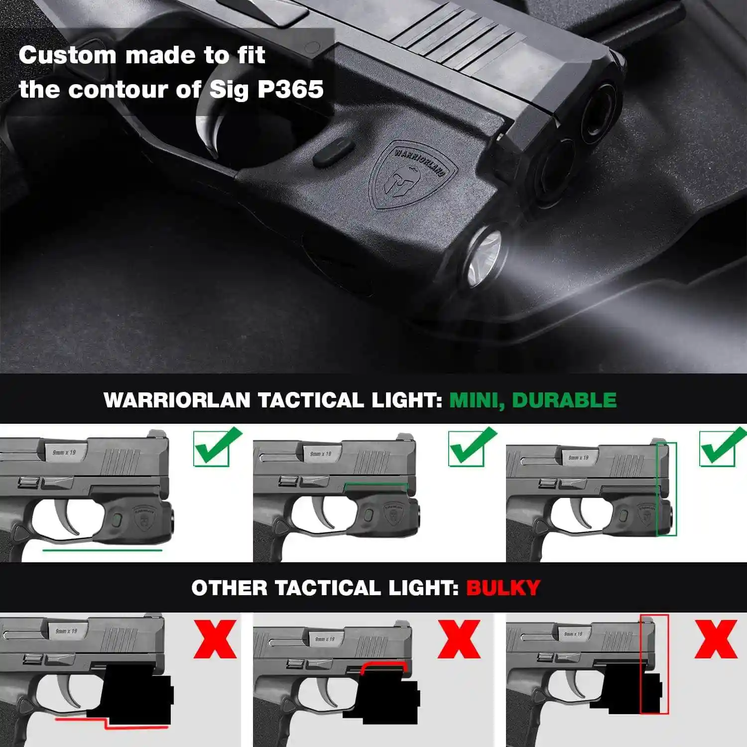 Para pistola Sig Sauer P365 Sig P365XL / P365 SAS, Mini luz táctica montada en riel Warriorland, linterna de caza derecha y funda - imagen 4