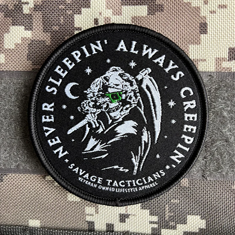 Parches tácticos Reaper, gancho y bucle bordados, nunca duerma siempre, insignia de moral espeluznante, brazalete militar, pegatina para mochila - imagen 3