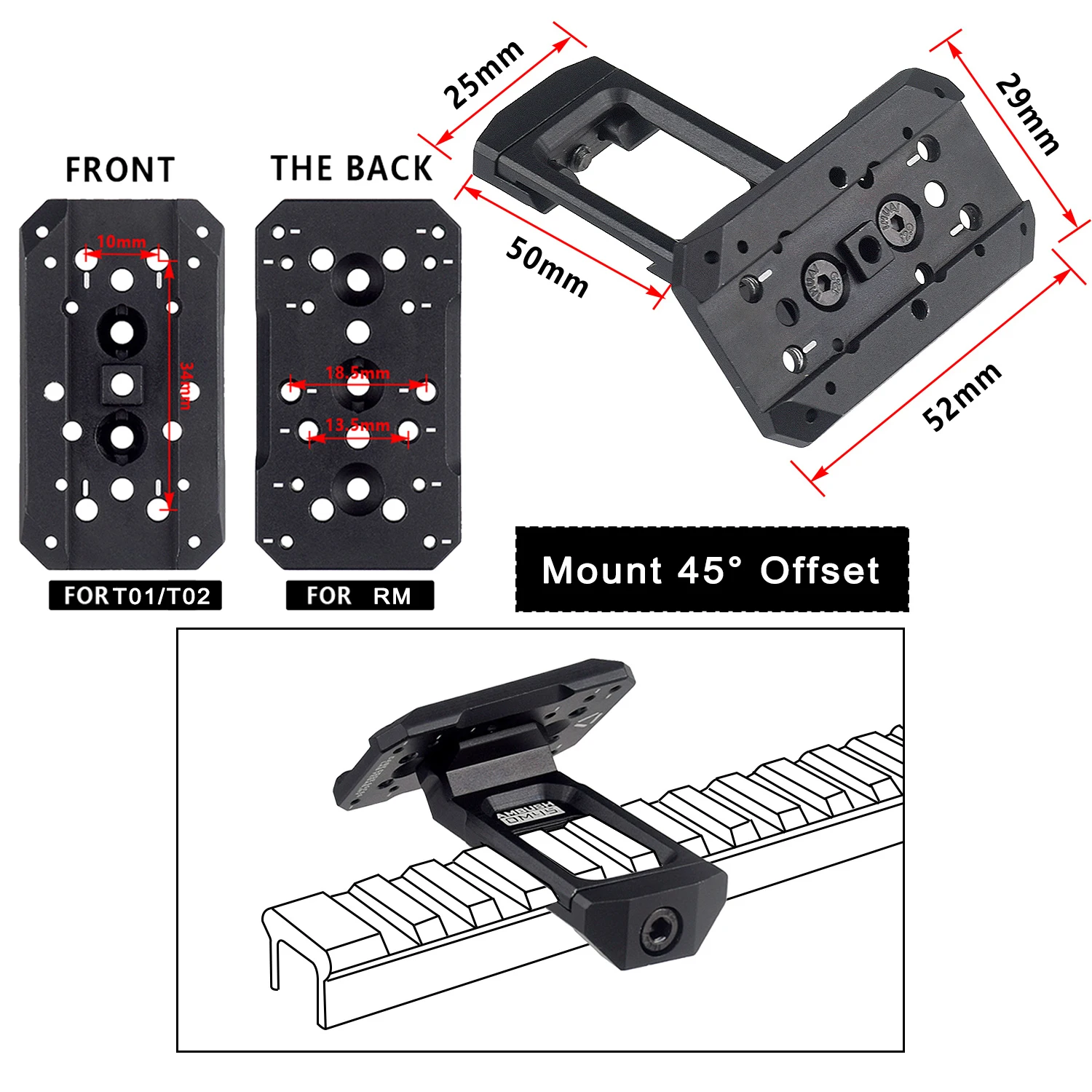 45 °   Accesorios de Base de montaje de óptica de montaje lateral de punto rojo compensado, soporte holográfico de punto rojo de Metal RM T01 T02 de 45 grados