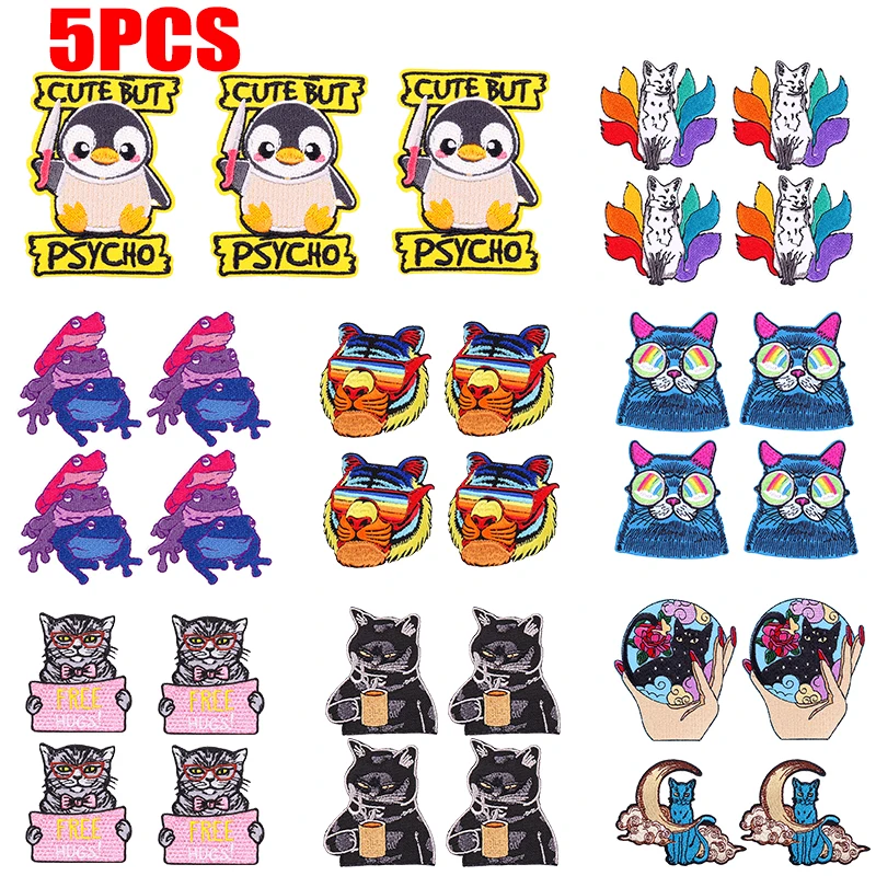 5 unids/lote pingüino de dibujos animados zorro Rana parche bordado hierro en parches para ropa DIY dibujos animados gato dinosaurio bordado insignias para coser