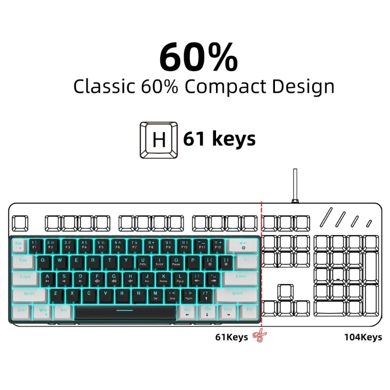 Teclado ergonómico con cable USB, Teclado mecánico 61 teclas, cable USB, teclado retroiluminado RGB para juegos, teclado con - imagen 3