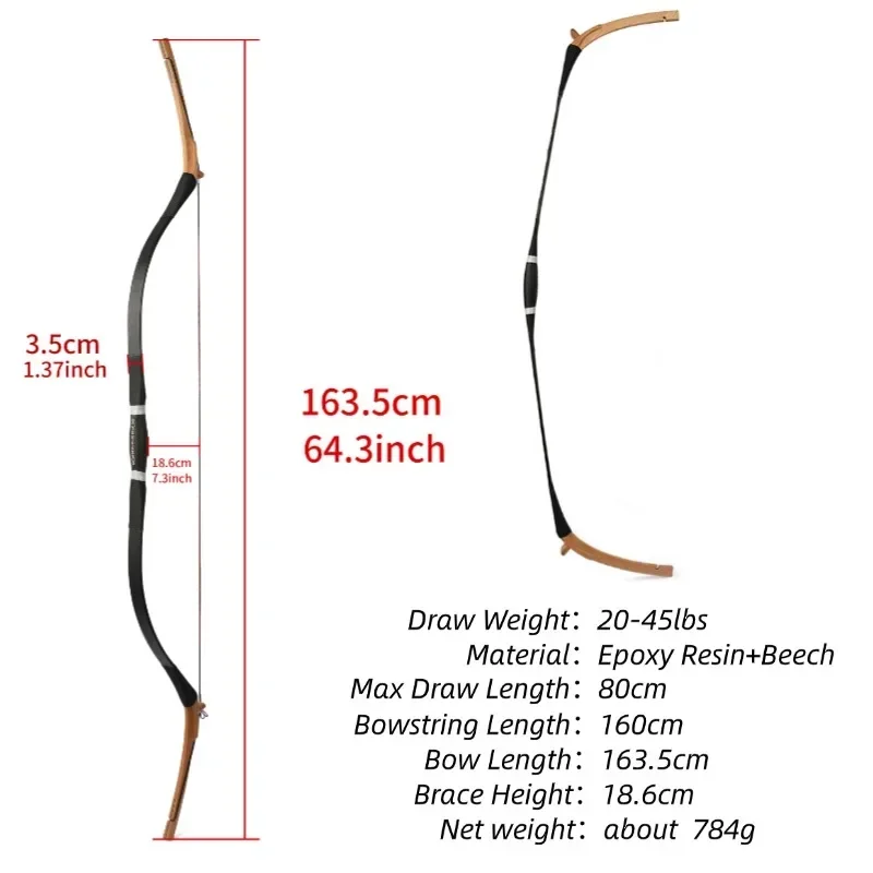 Arco tradicional de tiro con arco de 64 pulgadas, 20/25/30/35/40/45 libras, arco recurvo de arco largo de madera para tiro al aire libre, accesorios de práctica de caza - imagen 5