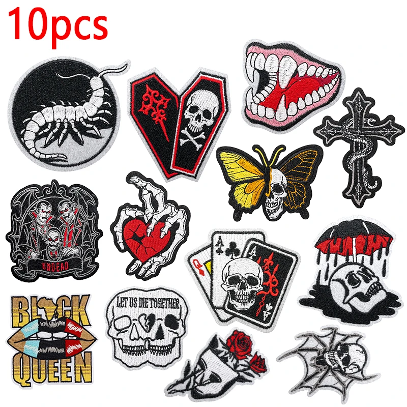10 Uds. De parches bordados góticos Punk para ropa, chaquetas, mochila, bricolaje, serie cruzada negra, parches para planchar para ropa