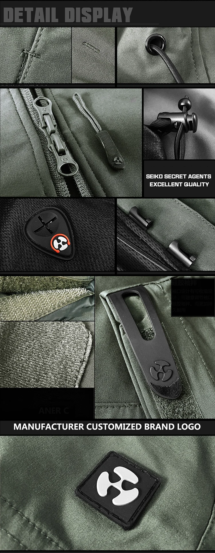 Una exhibición de una chaqueta con cremallera y logotipo