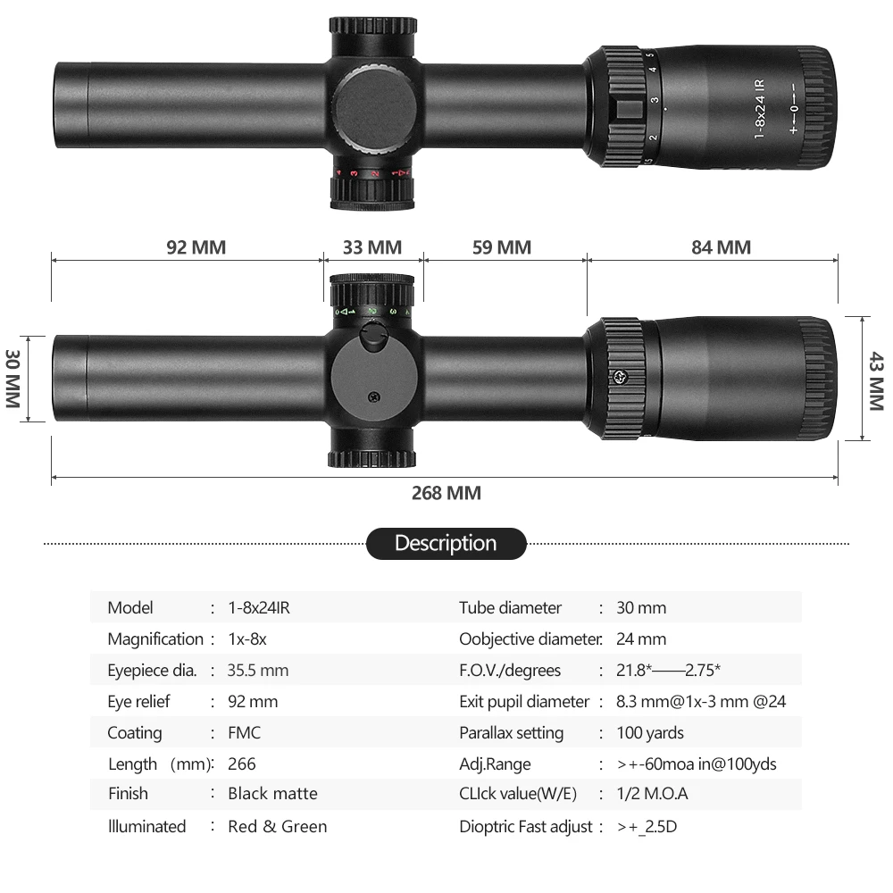 SPINA Optics-mira telescópica para Rifle, mira óptica táctica de 1-8x24, con alivio ocular largo, 1/2 MOA, torreta iluminada, retícula, collimitador - imagen 5