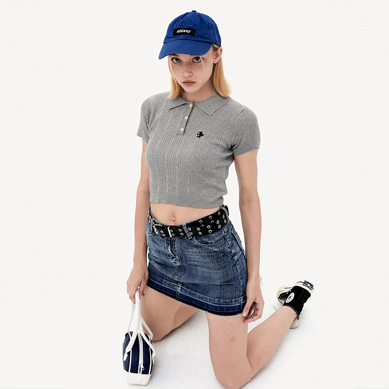 Camiseta de punto de alta calidad para mujer, camisetas con botones, Polo informal, camiseta de manga corta para mujer, Tops cortos ajustados - imagen 4