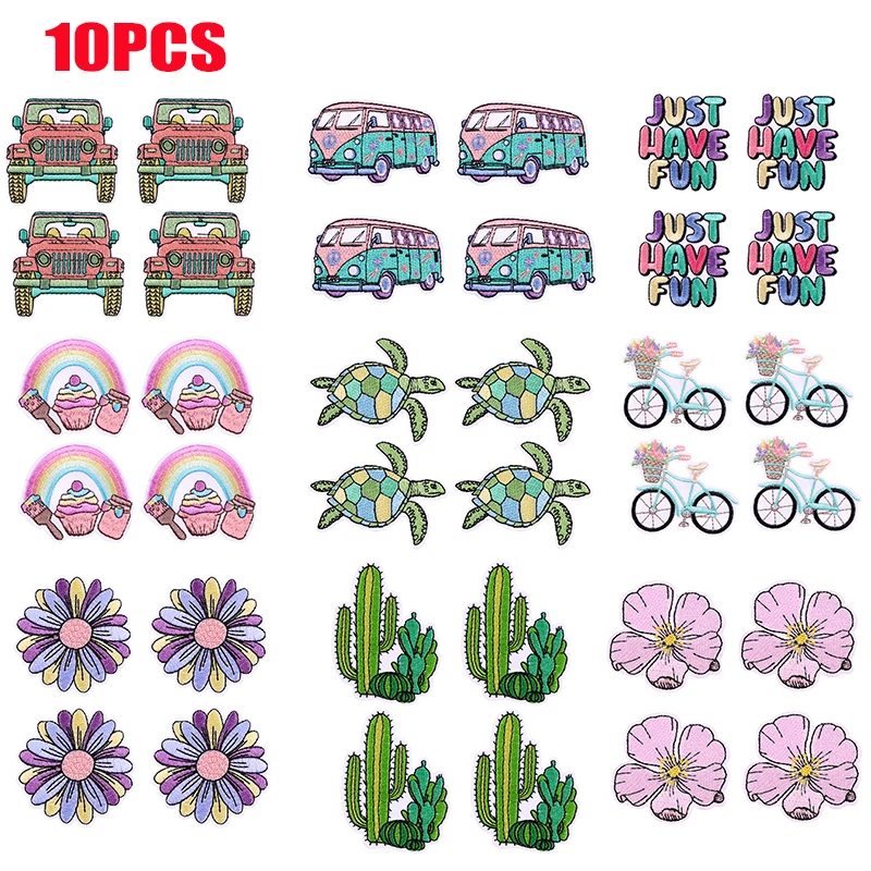 10 Uds. Parche bordado de dibujos animados para autobús, coche y bicicleta, parche de arcoíris/letras, parches para planchar, mochila DIY, chaquetas, pantalones vaqueros, apliques bordados