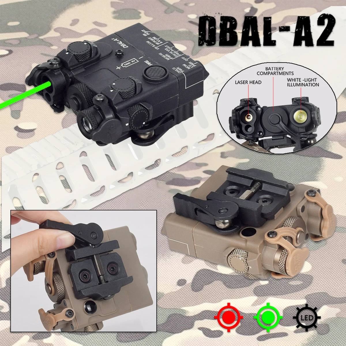 PEQ-15 DBAL-A2 arma luz roja punto verde puntero láser mira para caza Airsoft Rifle AR15 M4 linterna antorcha montada en riel - imagen 2