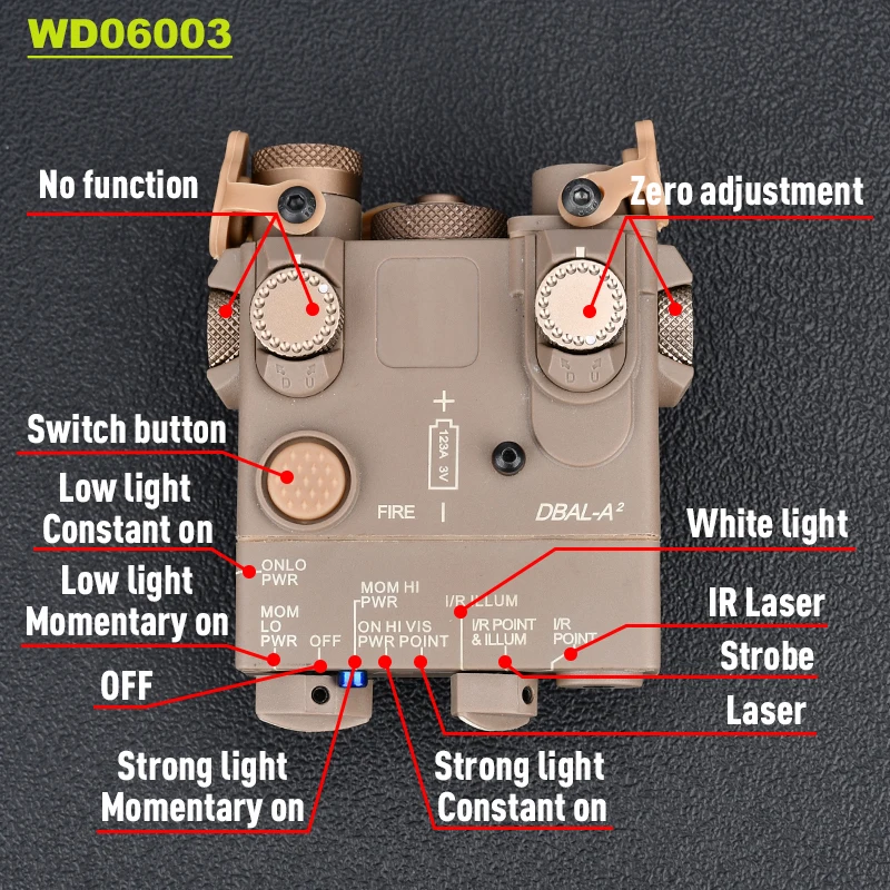 WADSN Airsoft DBAL-A2 antorcha indicadora LED luz blanca rojo verde azul mira láser puntero IR versión de Metal WD06014 ajuste riel de 20MM - imagen 5