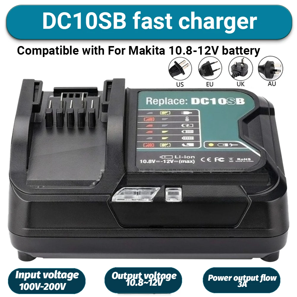 El cargador rápido DC10SB es adecuado para herramientas eléctricas Makita, batería de litio DC10WD10.8-12V