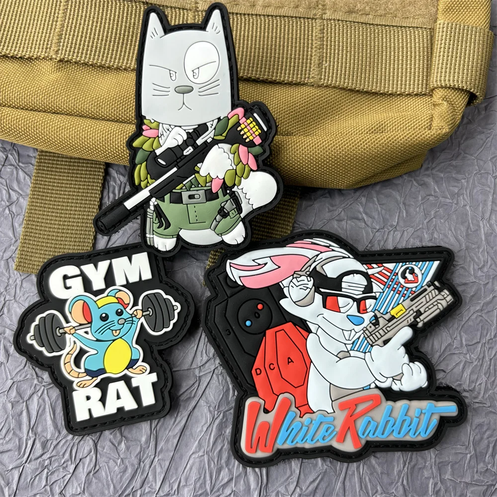 Parche de PVC de rata de gimnasio para ropa, pegatinas de gato, conejo, parches tácticos militares, mochila, gancho y bucle, Wappen