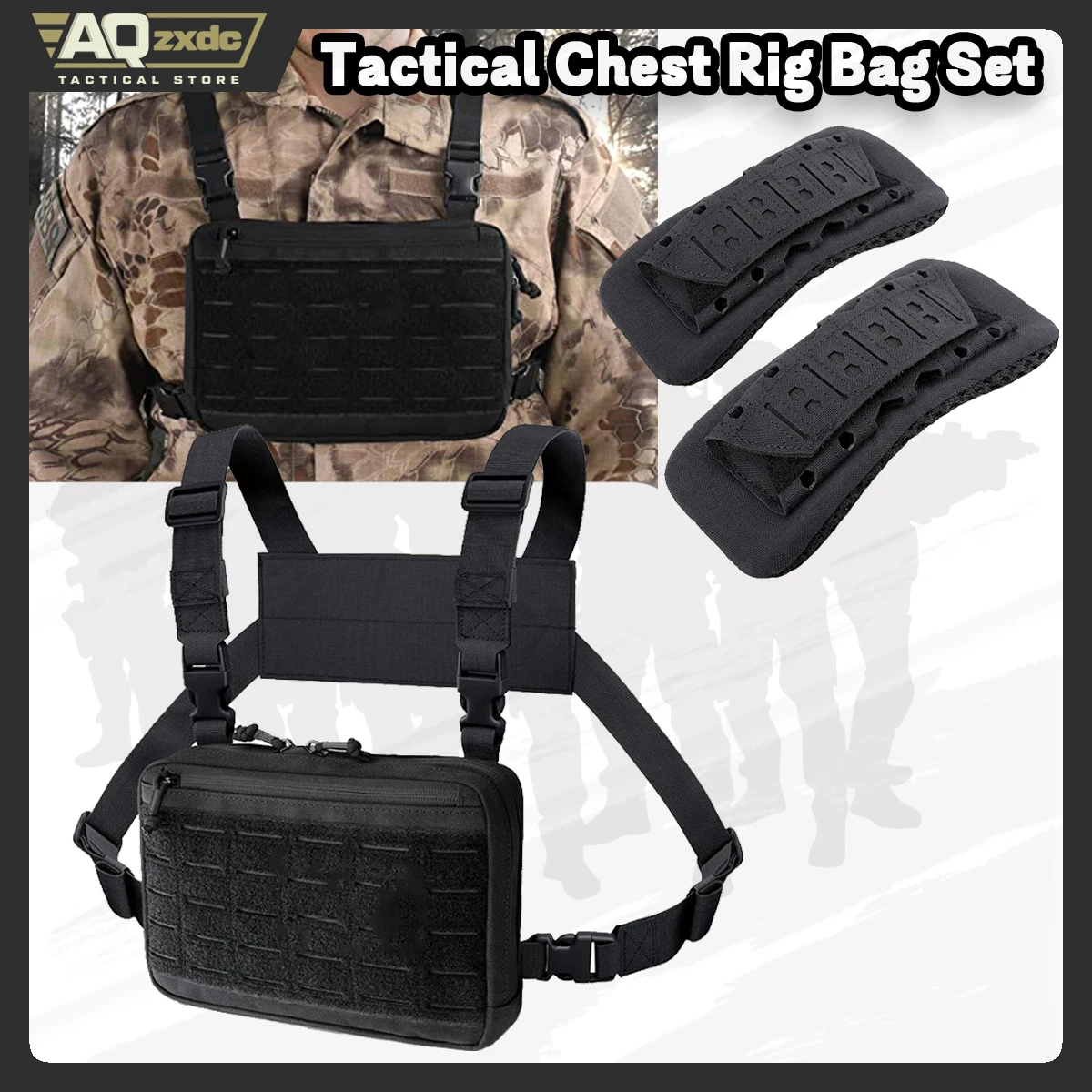 Juego de bolsa táctica para aparejo de pecho, paquete de 2 almohadillas para correa de hombro para chaleco, bolsa de pecho MOLLE, Kit de utilidad de reconocimiento, bolsa, accesorios para chaleco
