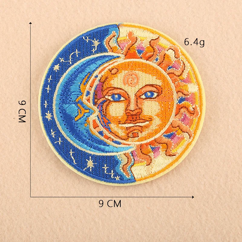 Parches redondos de sol y luna para ropa, bordados completos, paz y amor, planchado, amarillo, mochila