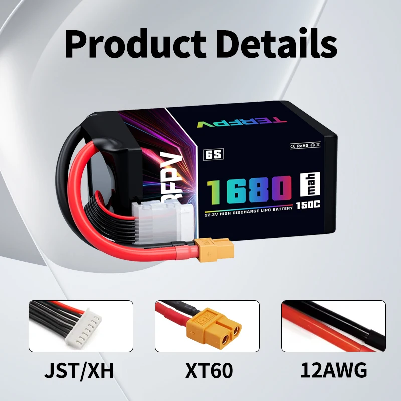 TERFPV FPV Lipo batería 6S 22,2 V 1680mAh 150C/300C con enchufe XT60 para RC coche barco RC Drone FPV Quadcopter helicóptero avión - imagen 4