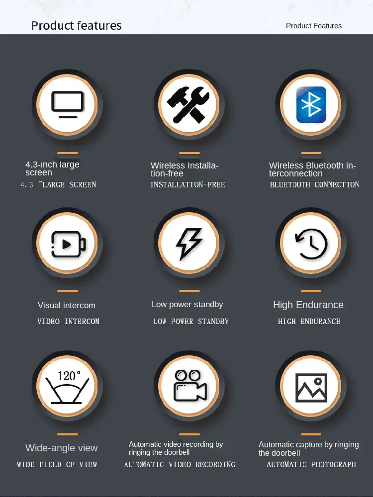 Timbre inteligente visual inalámbrico M10 visión nocturna infrarroja 5V/2A 4,3 pulgadas mirilla visor de puerta timbre cámara 120 °   pantalla grande - imagen 3