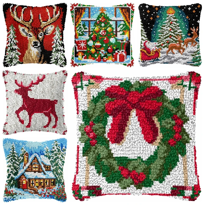 Nuevos kits de ganchos de pestillo de alce de Papá Noel de Navidad, funda de almohada Smyrna, paquete de bordado de almohada con nudo, juego de ganchos de pestillo para costura DIY