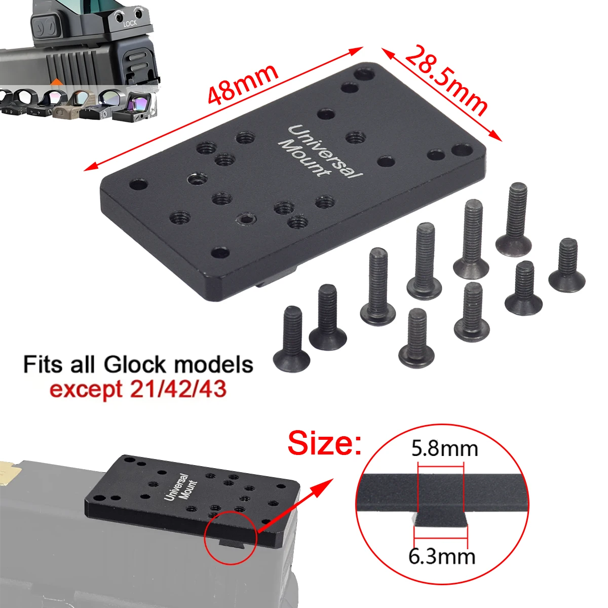 Base de placa de pistola de montaje de mira trasera Universal de punto rojo táctico RM compatible con RM MR SR VISM Red Dot Sight 20mm montaje para GLOCK 17 G19 G23 - imagen 4